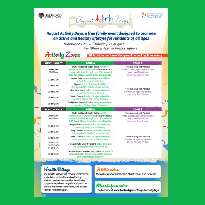 Activities timetable for the August Activity Days
