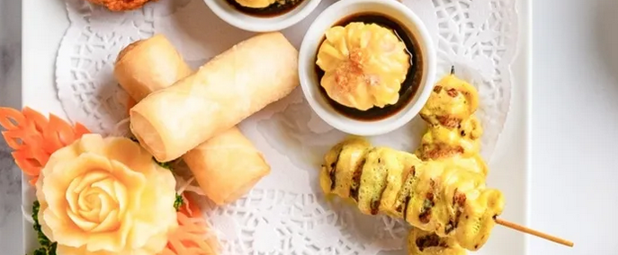 Siam Heaven spring rolls, chicken satay and chilli squid
