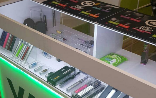 Vapers Juice front glass counter with e-cigarettes