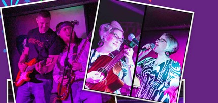 Cellar Bar photos of performers bathed in a purple/pink light
