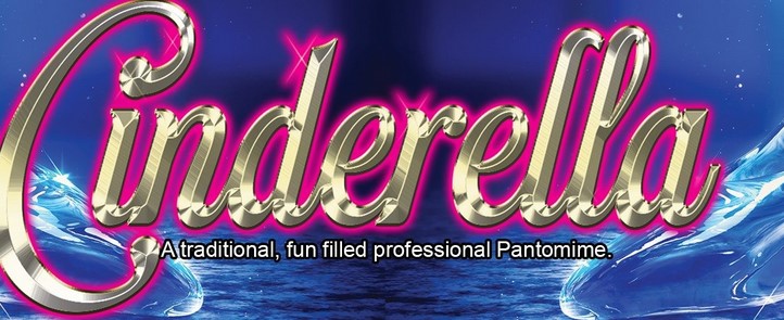 Cindarella poster with words in gold and pink outline on a blue background with glass slippers