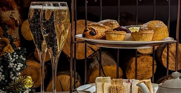 Swan Hotel Festive afternoon tea with pastries, sandwiches, tea and prosecco