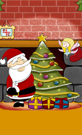 Santa in Love cartoon with santa, christmas tree and fairy