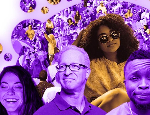 a group of people in a photo with a purple tint.
